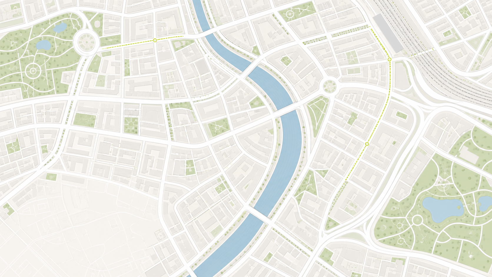 Fictional city navigation map showing roads, parks and waterways