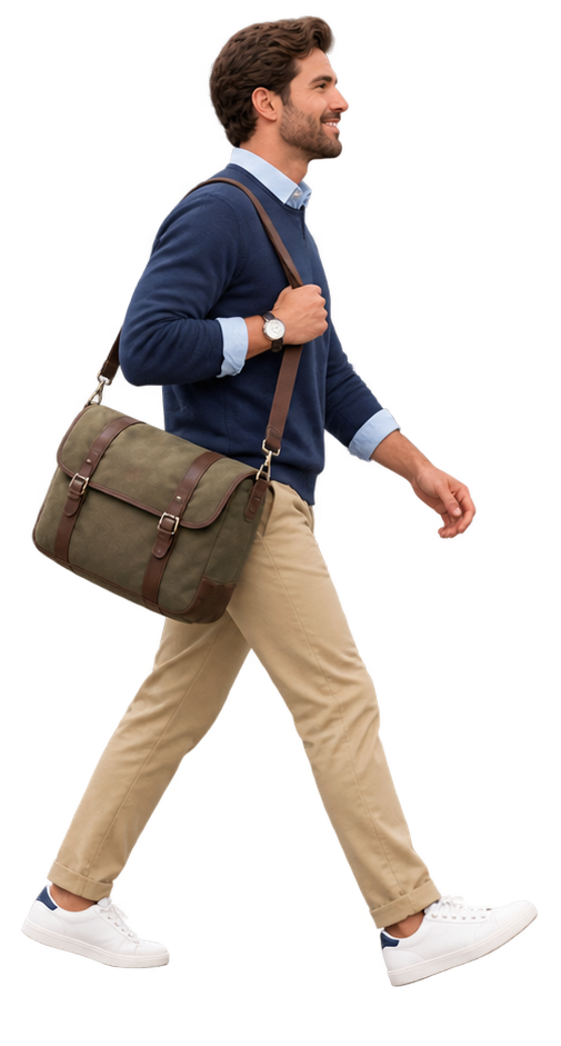 Passenger with shoulder bag walking to the shuttle