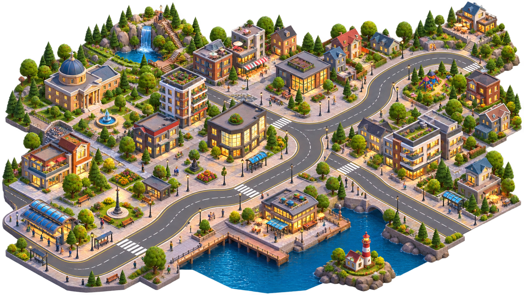 Isometric city route scene with connected roads, buildings, trees, water and pedestrians